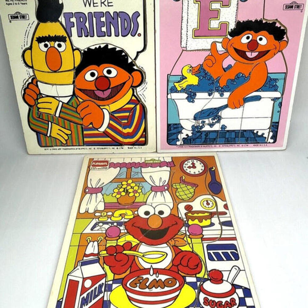 Sesame Street Bert Ernie Elmo Wooden Puzzles Playskool Vintage‎ 1970s LOT of 3